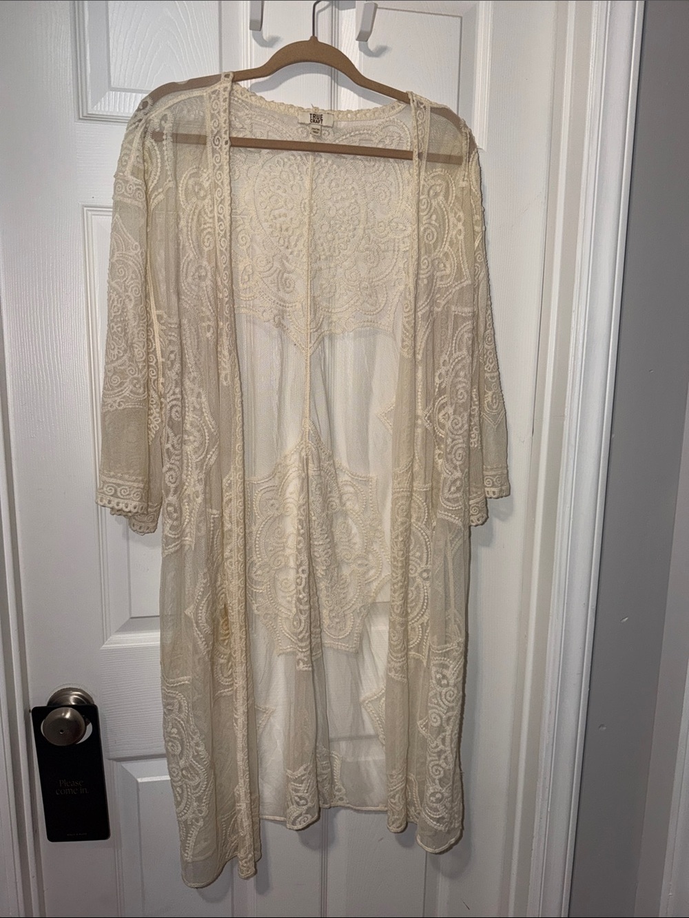 True Craft Sheer Lace Kimono Robe in Cream